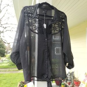 Torrid Sheer Polka Dot Button Up Tie-Front